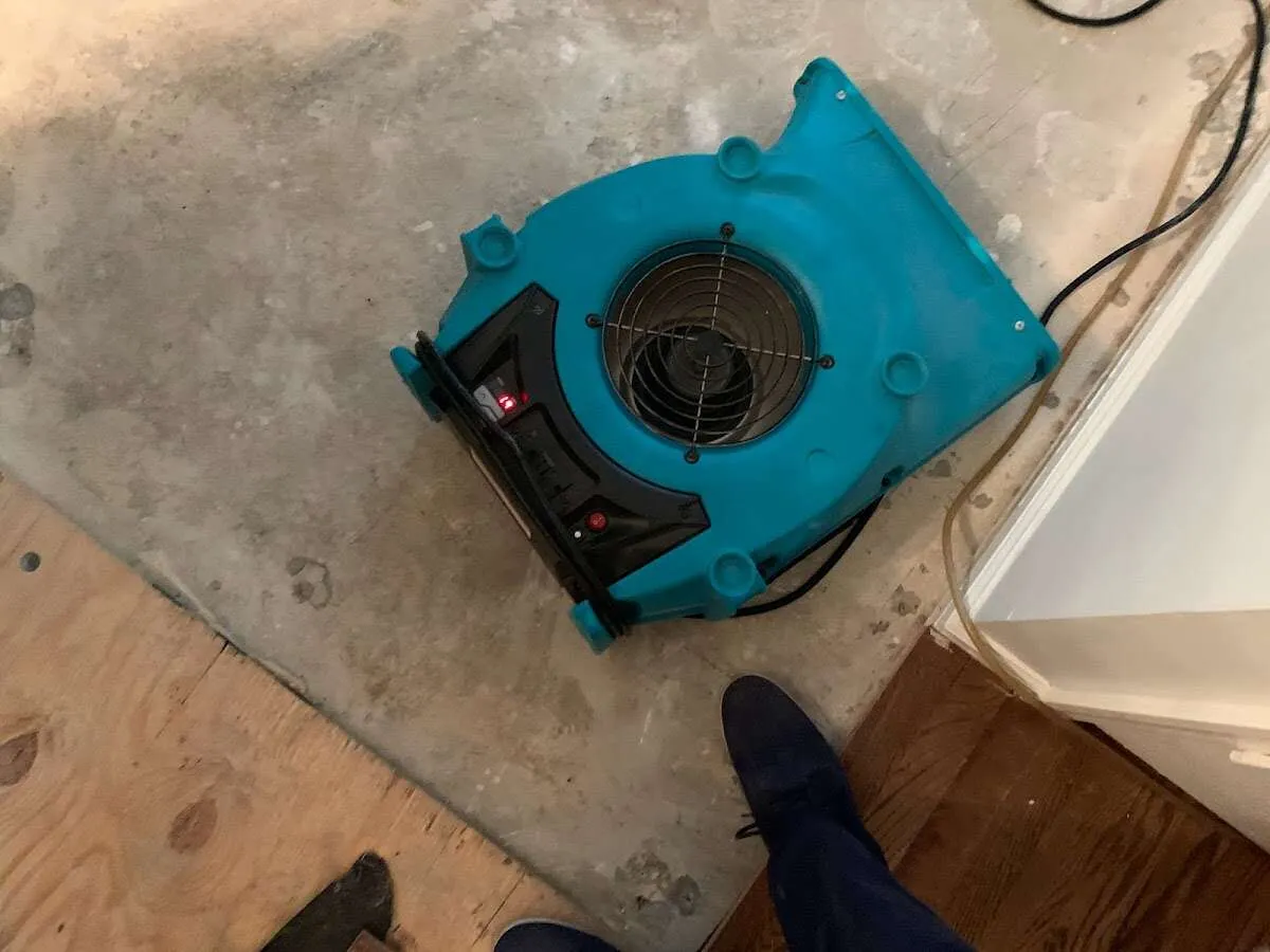 Air mover drying subfloor during Commercial Water Damage Restoration in Zionsville